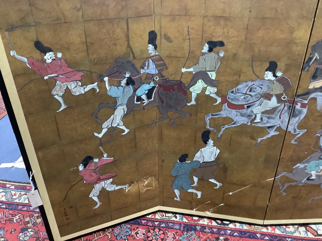 A Japanese four-fold screen, gold ground, decorated with warriors on horseback and foot, in black-lacquered and gilt metal round frame, each panel width 46cm height 122cm